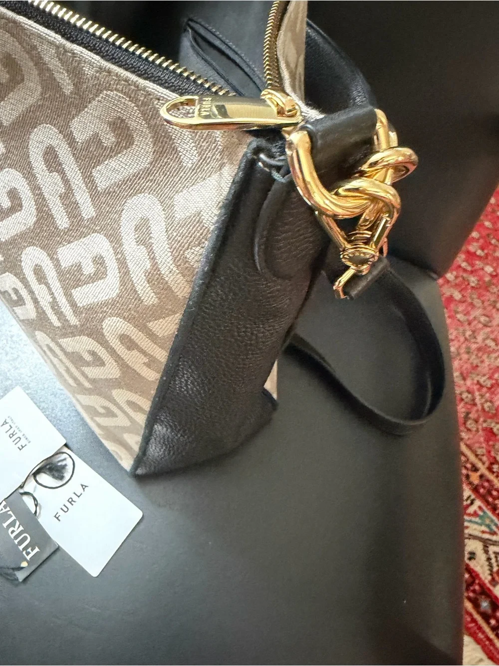 Furla Black Leather & Beige Logo Canvas Messenger Bag